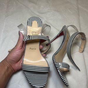 Christian Louboutin : Women's Black Jonatina 100 Striped Pvc & Leather Sandals
